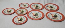 Vintage Set of 8 Orange/White Rooster Tin Metal Plates Pretend Play Dishes