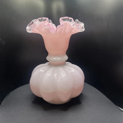 Vtg Fenton Ruffled Glass Melon Vase Pink Cranberry White Silver Crest Edge 8"
