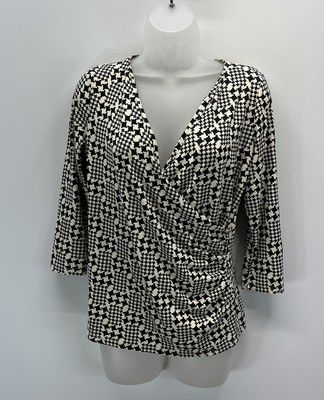 Talbots Petites Surplice V-Neck Crossbody Faux Wrap Top Ivory & Black Size MP