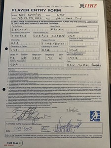 Brian Leetch Signed 2002 Olympics IIHF Player Entry Form - Ice Hockey - USA