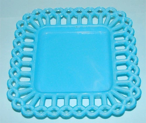 Vtg Westmoreland Square Lace Edge Plate Peg Border Turquoise Aqua Milk Glass 5"