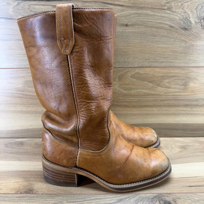 ACME Vintage Campus Boots Mens 7 E Cognac Stacked Heel Cowboy Boho Rodeo Western
