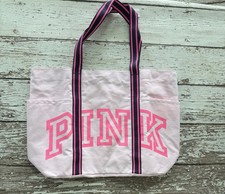 Victoria's Secret PINK Canvas Tote Bag Pink Logo Navy Straps Bottle Pockets NWT