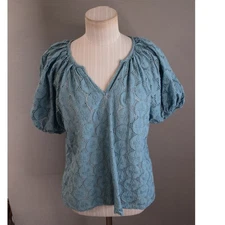 Never A Wallflower Top Small Blue Eyelet Lace Puff Sleeve V Neck Boho