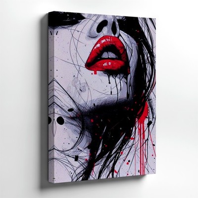 Wall Art Abstract Woman Face Red Lips Black White Graffiti Canvas Print Decor