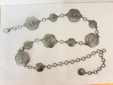 Very Nice silver-tone western concho blue Turquoise chain belt B5