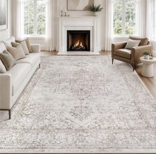 8x10 Area Rug Beige Brown Washable Rug For Living Room Dining Room Low Pile Rug