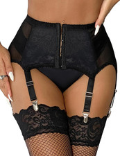 High-Waisted Garter Belt plus Size- Lace Mesh Suspenders Belt with 6 Metal Clip