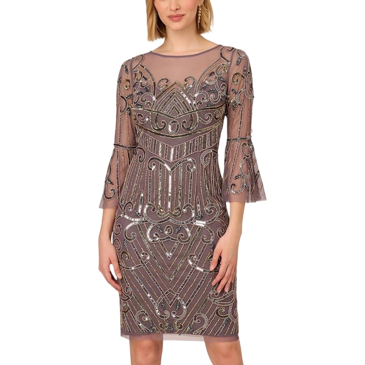 chinese dress ladies Lace Short Long Sleeve Dress by Adrianna Papell 45009 – ABC Fashion main image 1