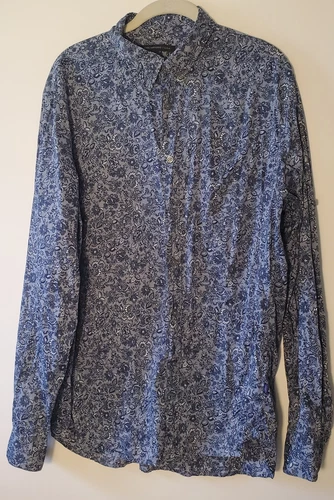 John Varvatos Mens L Large Blue Floral Long Roll Tab Sleeve Button Up Shirt 