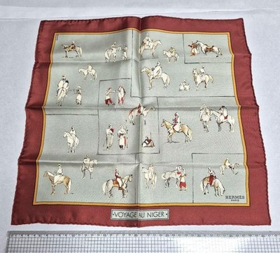 Hermes Carre 45 Silk Scarf Voyage au Niger Horse Rider Gray Red Mint