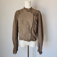Free People Linen Blend Eyelet Embroidered Crop Biker Jacket Zip Green Womens 10