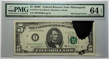 1969C $5 Federal Reserve Note Minneapolis Fr#1972-I PMG Ch UNC 64 EPQ Ink Smear