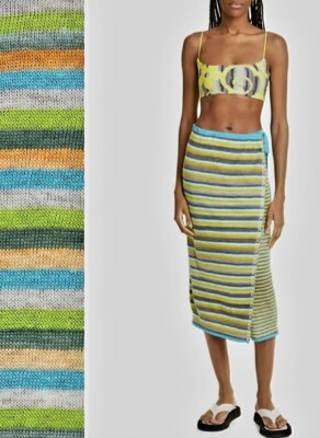 YanYan Stripe Sweater Knit Wrap Skirt Lime Turquoise Multi Mixed Media New