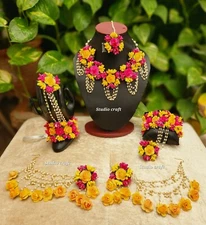 Women fashion flower  earrings tika bracelets necklace haldi mehandi babyshower