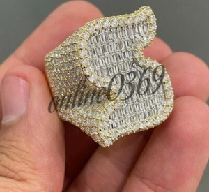 Authentic Baguette Moissanite Men's Custom S Alphabet Layer Ring Yellow Gold Plated Silver