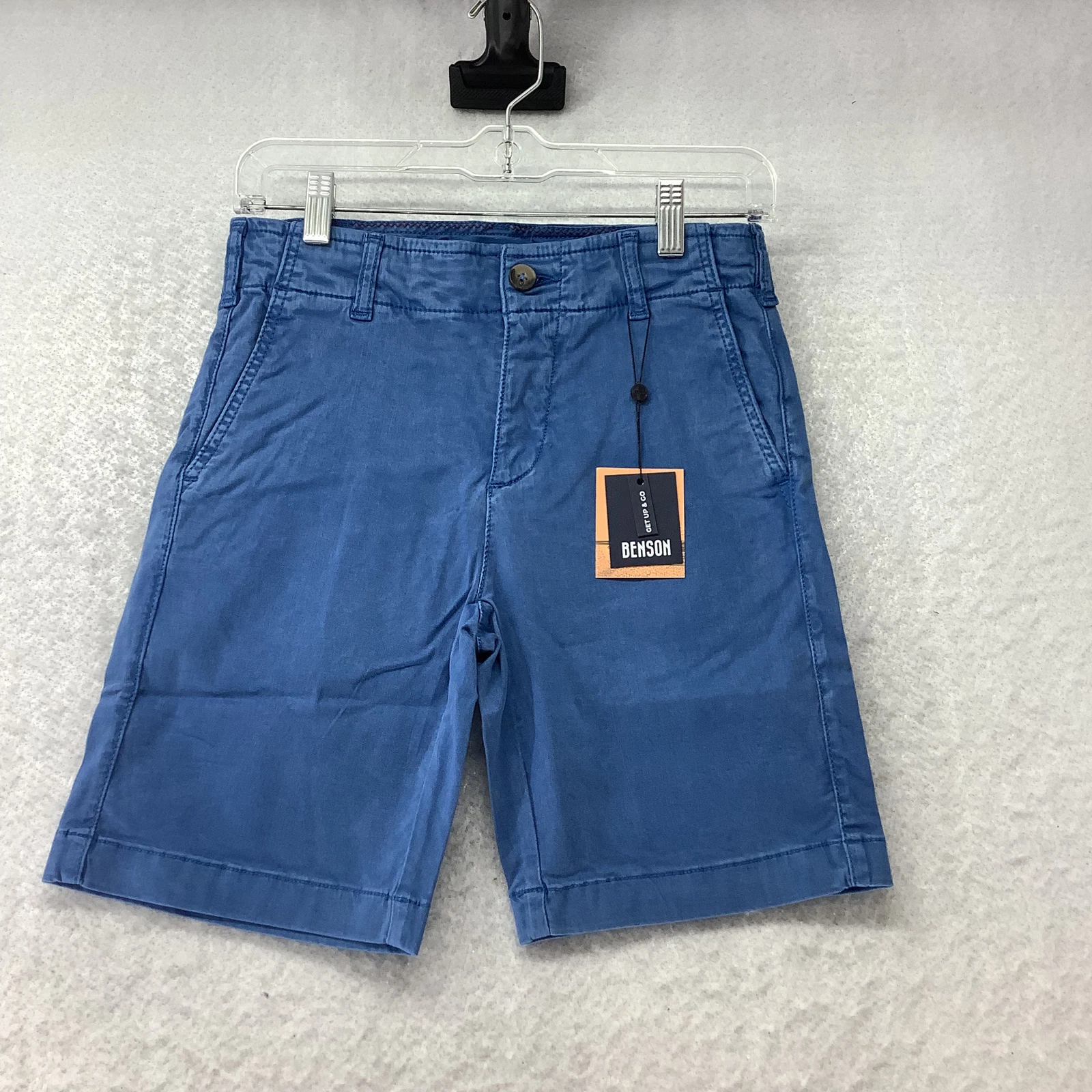 Benson Mens Blue Como Pockets Flat Front Stretch Comfort Chino Shorts Size 28