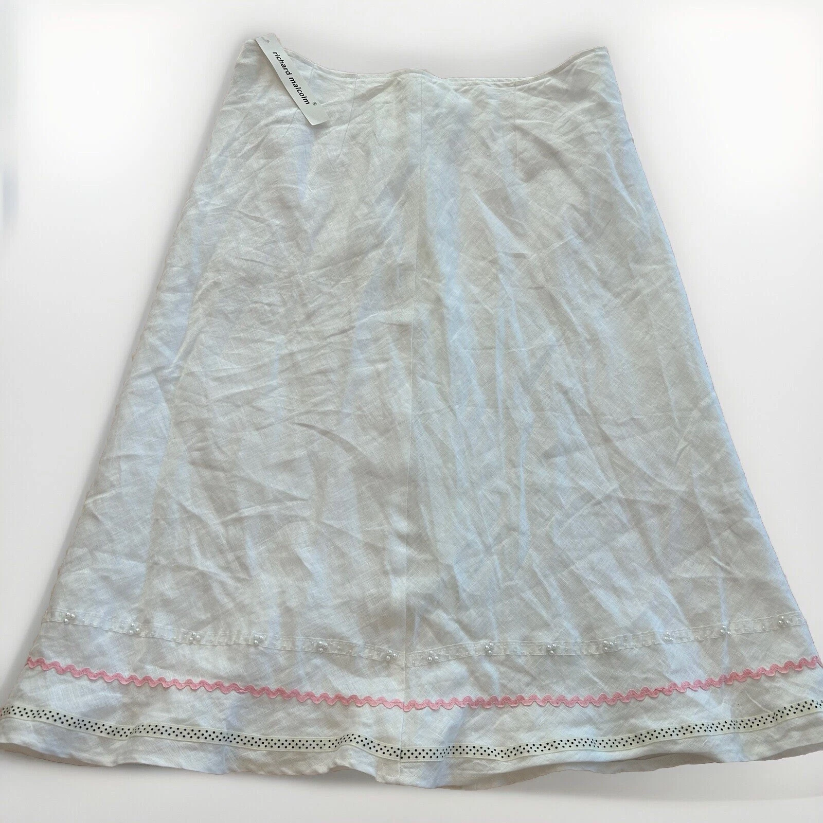NWT VTG Richard Malcolm Skirt Sz 10 Pencil Irish Linen White Beaded Lined Fairy