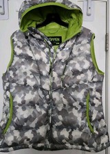 Koppen Nwot Down Puffer Vest Womens Large L Gray Camo Lime Green Hooded.
