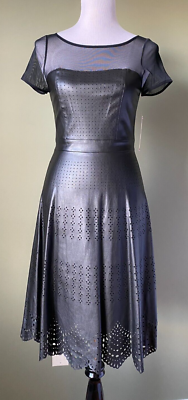 Catherine Malandrino Black Faux Leather Cutout Sheer Shoulder Mid Dress 2 |  eBay