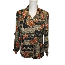 Vintage 80s Floral Satin Secretary Blouse Longsleeve Black Buttonup Sz S/M