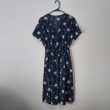 Navy Floral V-Neck Midi Dress Womens Size M