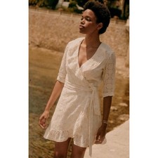 Sezane Robe Asianne Eyelet Mini Wrap Dress Womens Size 2 Ecru Cream New Flawed