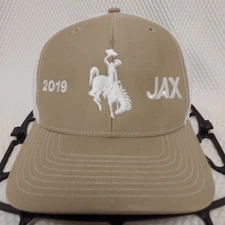 JAX 2019 Wyoming Bucking Bronco Tan and White Mesh Snapback Baseball Cap Hat