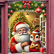   Banner Merry Christmas Door Cover Santa Reindeer Window Door Banner 6 x 4 f...