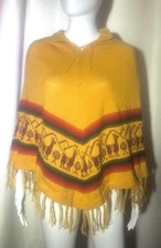 Alpaca Wool Golden Peruvian Poncho Llama Print Colorful Boho Festival One Size