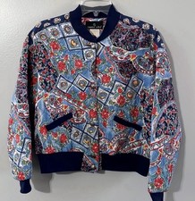 Carole Little Vintage 80's/90's Blue Multi Pattern Quilted Bomber Jacket Sz 6