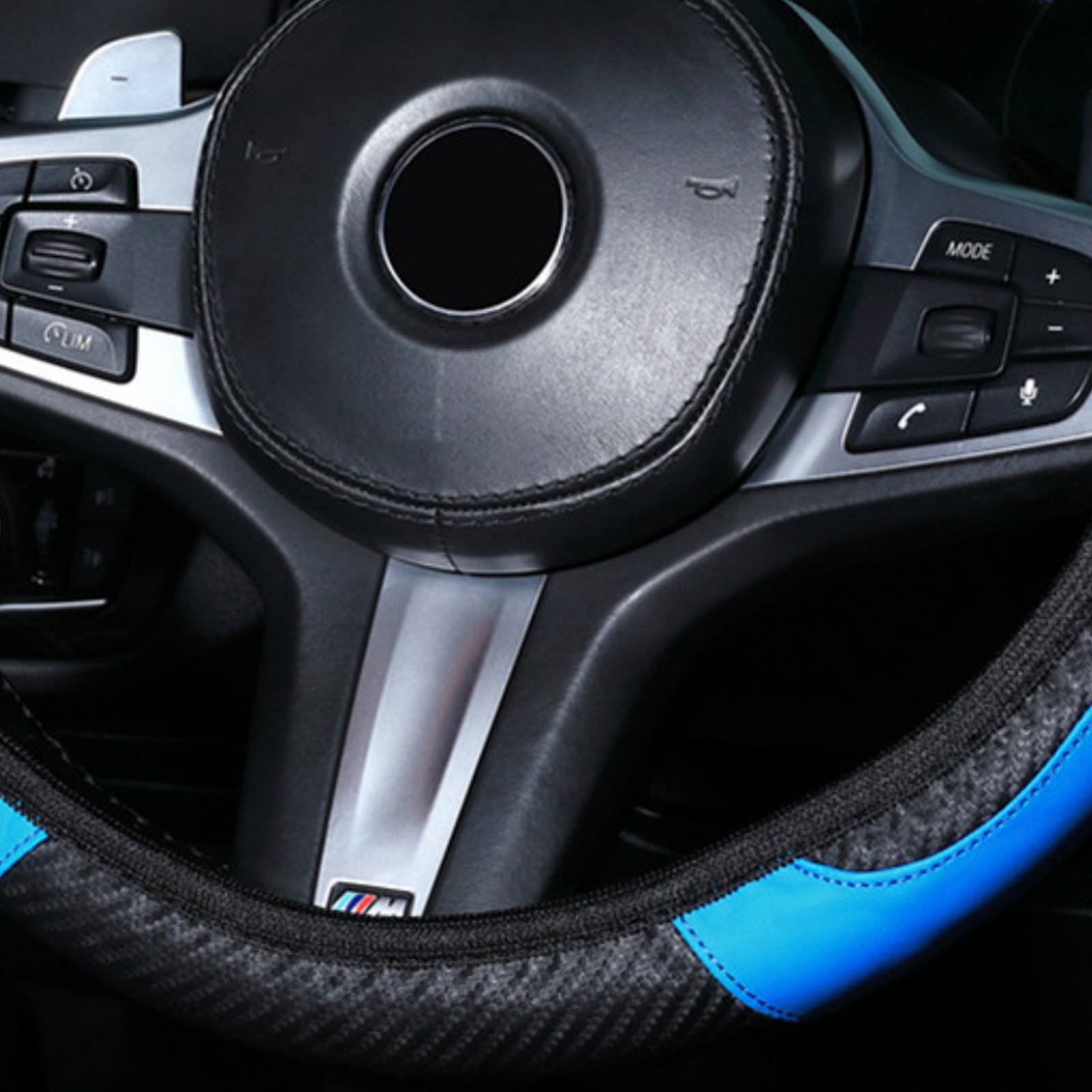 (Black Blue)Breathable Steering Wheel 38cm Car Steering Wheel Cover PU Leather