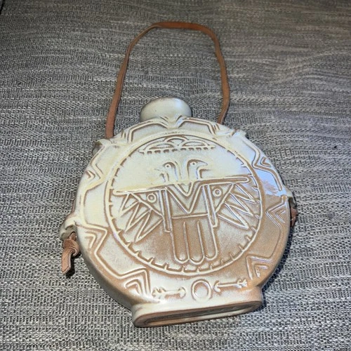 Vintage FRANKOMA Thunderbird Canteen Vase #59 WHITE Pottery Leather Strap