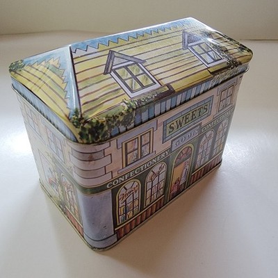 Vintage Sweets Godis Confectionery Tin Box w Hinged Lid