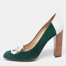 Tods GreenWhite Leather and Suede Loafer Pumps Size 40