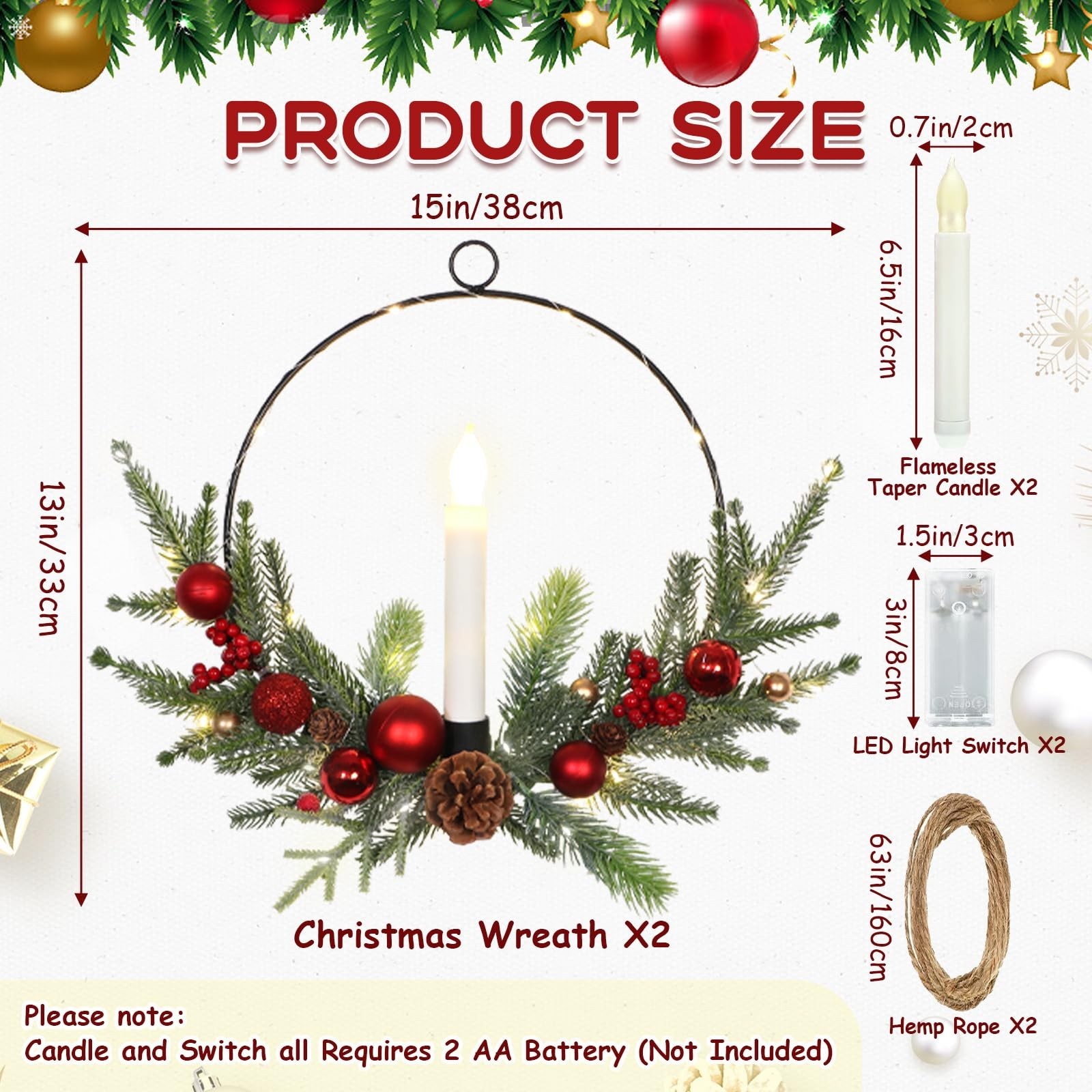 2Pack 16inch Christmas Wreath with Taper Candle Lights Christmas Wreath Outdo...