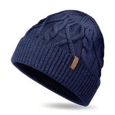 100 Merino Wool Beanie for Men Women, Knit Cuffed Winter Hat, Lightweight Navy