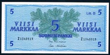 FINLAND - 5 MARKKAA 1963 Litt. B UNC P 106a, TYPE 2