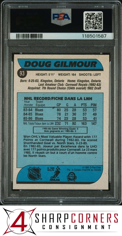 1986 O-PEE-CHEE #93 DOUG GILMOUR HOF PSA AUTHENTIC DNA AUTO 10 - Image 2 of 2