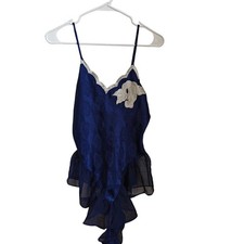 Vintage Victoria's Secret Navy Satin Floral Bodysuit Applique Gold Label Size S