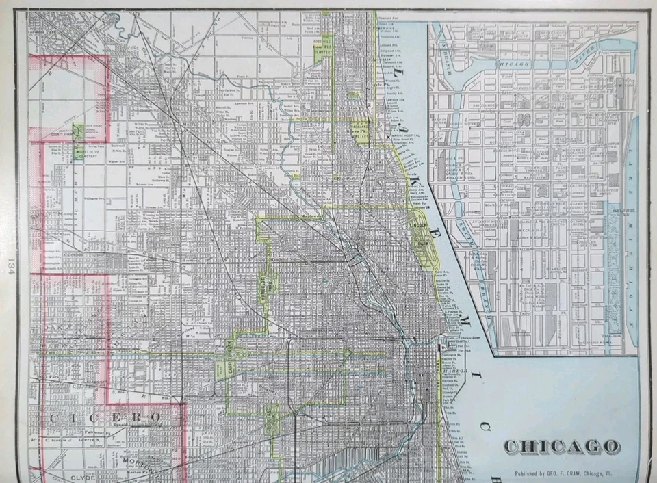 Mapa CHICAGO ILLINOIS 1903 14"X22" ~ Antiguo Antiguo Original CUBS WHITE SOX Foto 3 de 4