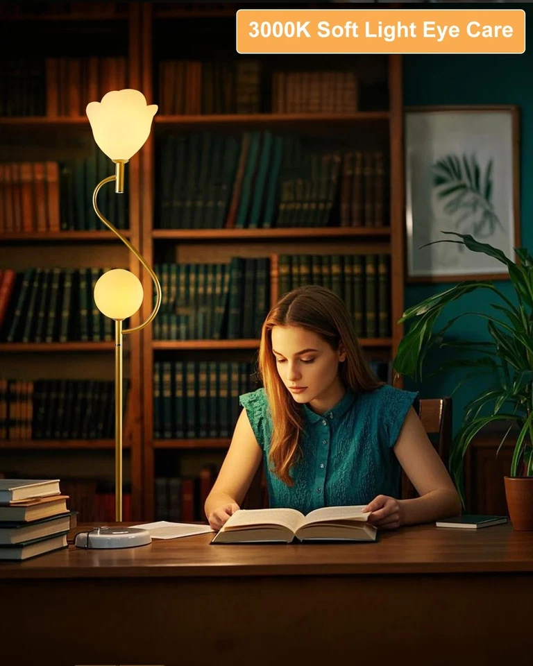 Lámpara de pie dorada, lámparas de pie de mediados de siglo con 1 globo y 1 flor suave cálida... Foto 3 de 4