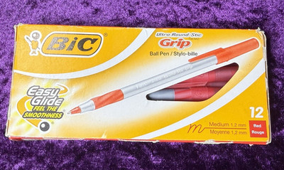 Bic Ultra Round Stic Grip Easy Glide RED Medium Ball Pens Bonus Pack of 12 NOS