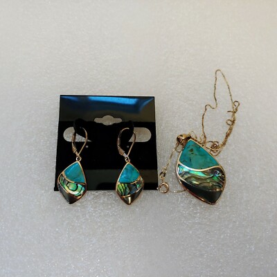3 PC Sterling Silver 925 Dangle Drop Turquoise Boma Earrings & Necklace Pendant