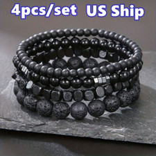 4pcs/Set Casual Style Black Lava Bead Bracelets For Daily Wear Women Men Gift US