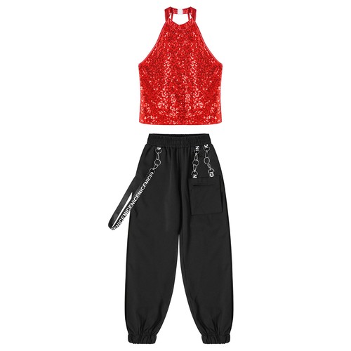 Kids Girls Tracksuit Stage Performance Outfit Workout Sets Metal Chain Crop Top - Picture 40 of 63