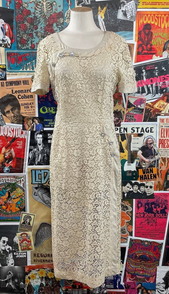 VTG Women's 40s-50s Cream Beige Lace Scoop Neck Rhinestone Dress Size 4