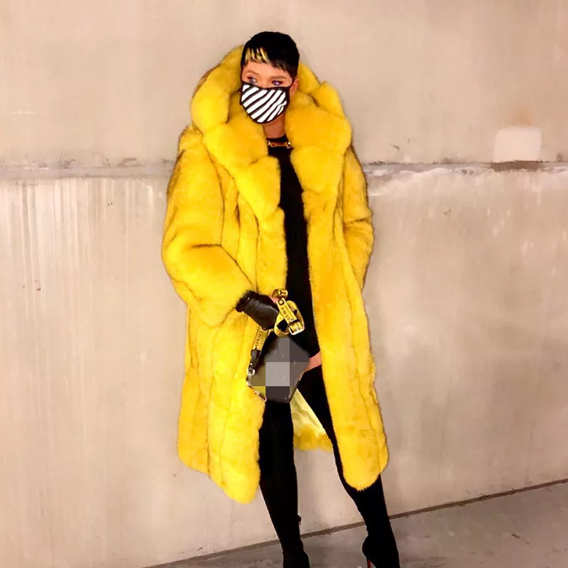 Top Quality Women Real Fox Fur Coats With Hood Yellow Winter Thick Fur Outerwear