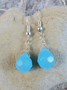 Natural Blue Chalcedony Briolette Sterling Silver Dangle Wire Hook Earrings #276