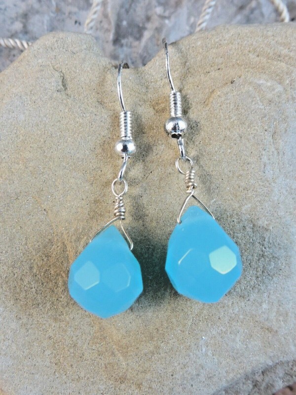 Natural Blue Chalcedony Briolette Sterling Silver Dangle Wire Hook Earrings #276